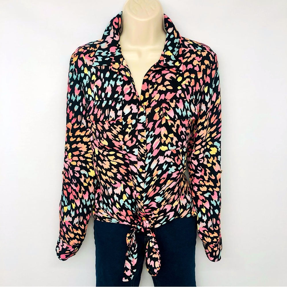 Investments Black Multi Color Animal Print Blouse